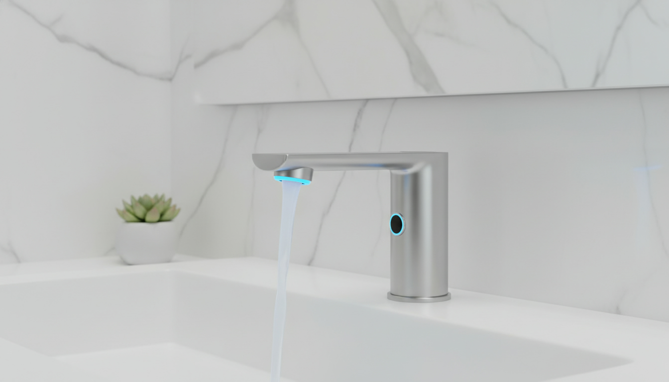 Сенсорный смеситель для умывальника с автоматическим включением. Минималистичный дизайн с LED-подсветкой, показывающий бесконтактное управление