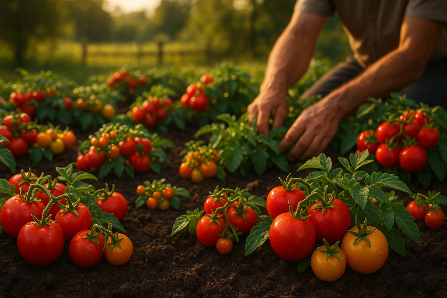 Низкорослые томаты для открытого грунта в Сибири без пасынкования: кисть с крупными спелыми плодами ярко-красного цвета на кусте