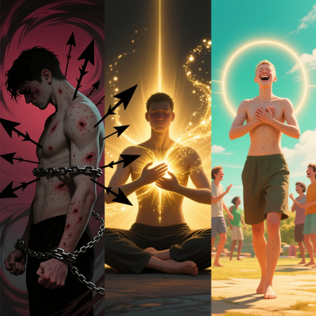 <img src="self-aggression-acne-healing-journey.jpg" alt="Illustration showing how suppressed anger and self-aggression cause acne and psychological healing through self-acceptance and meditation leads to clear skin">