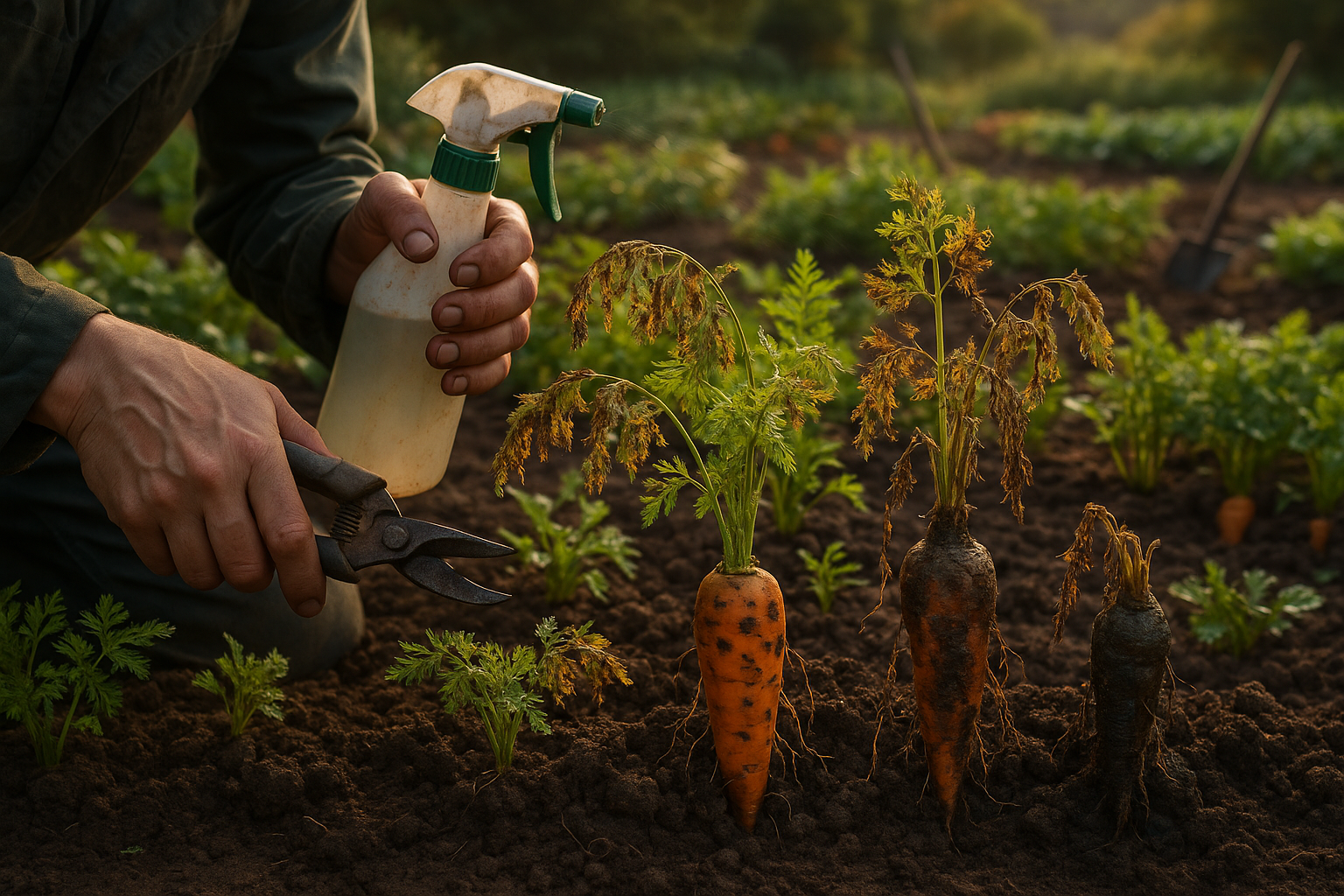Болезни моркови: поражённые корнеплоды с признаками гнили и грибковых инфекций на грядке