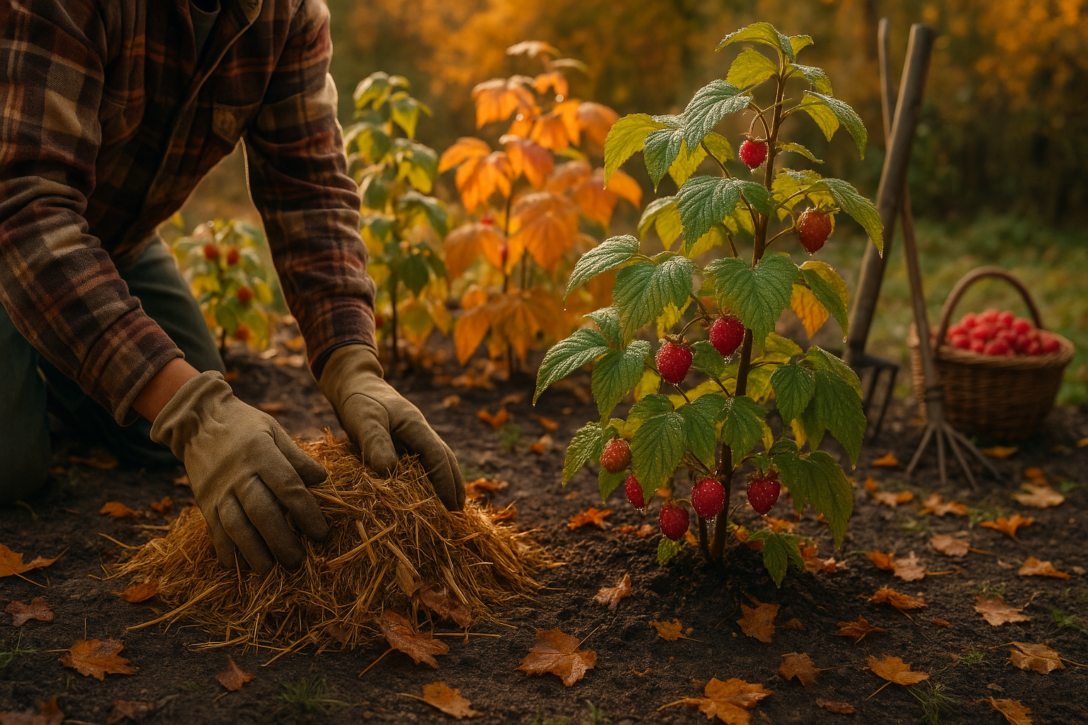 Куст малины осенью после обрезки и подготовки к зиме с мульчей вокруг основания