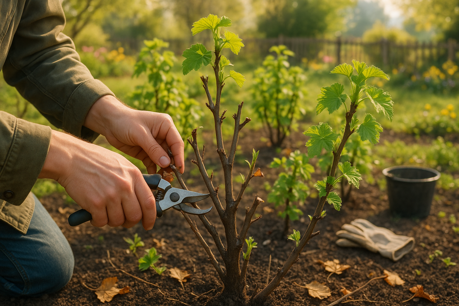 Процесс обрезки смородинового куста секатором весной для здоровья и урожайности