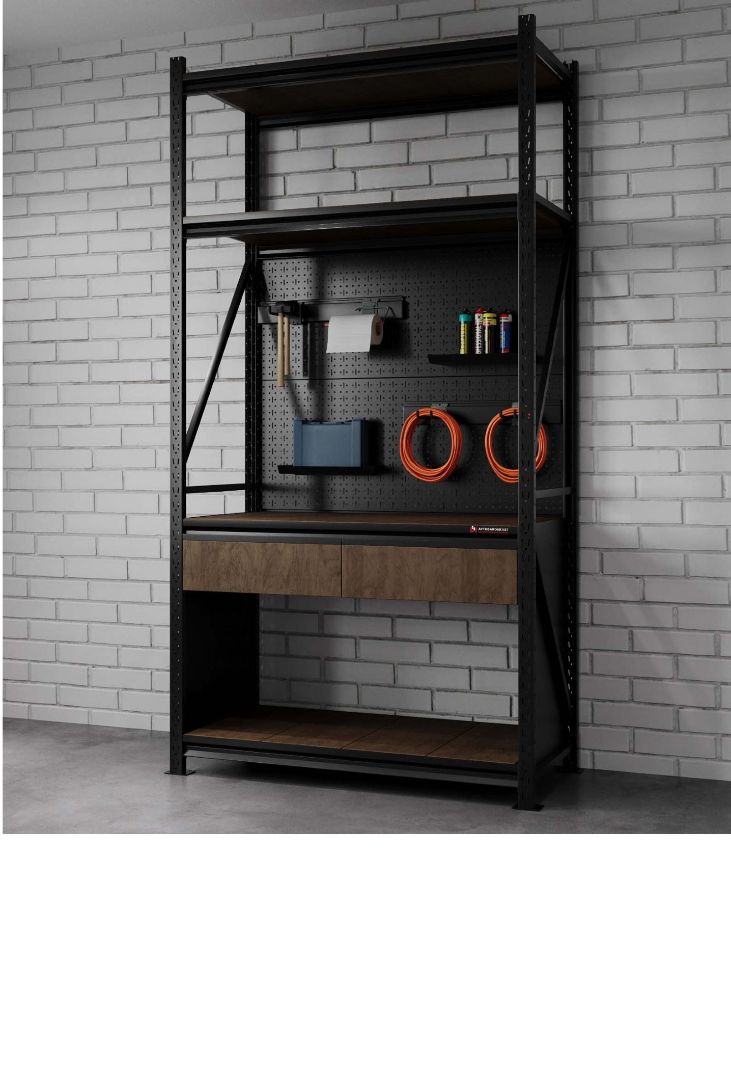 Пример комплектации стеллажа с верстаком и выдвижными ящиками