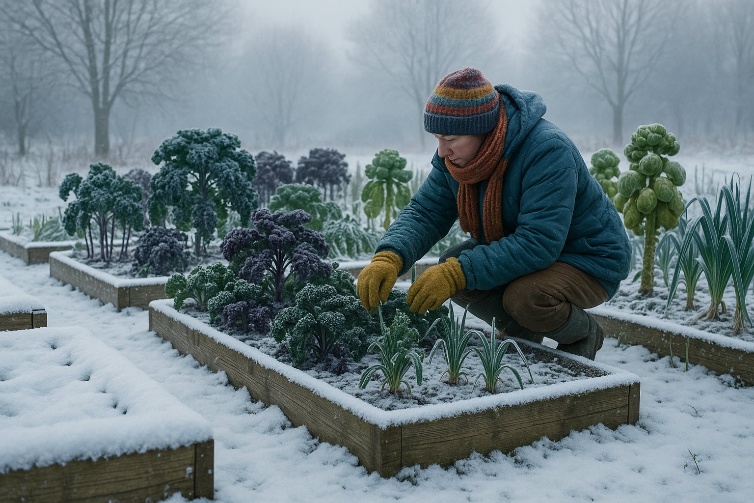 Огород, подготовленный к зиме: покрытые мульчей грядки и защищённые растения на фоне осеннего сада