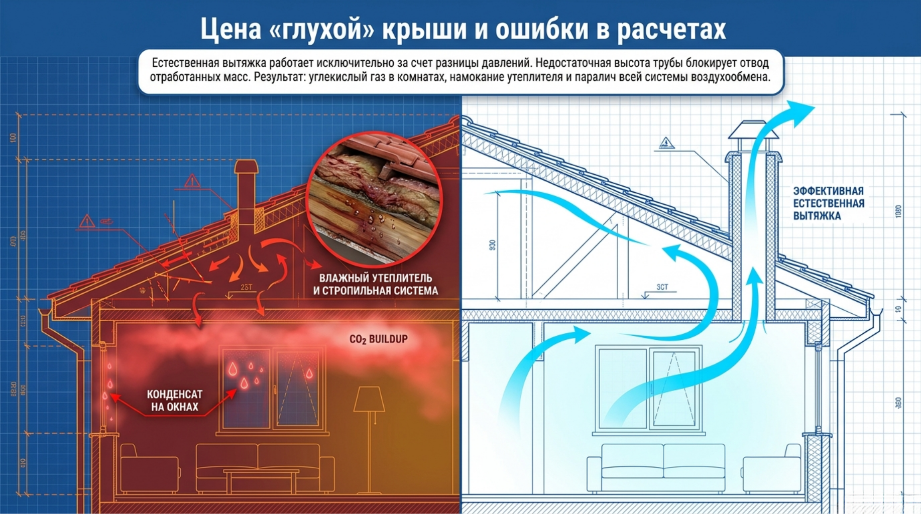 Естественная вентиляция работает за счёт перепада давления. Если вентвыход короткий и расположен неправильно на кровле - может возникнуть обратная тяга