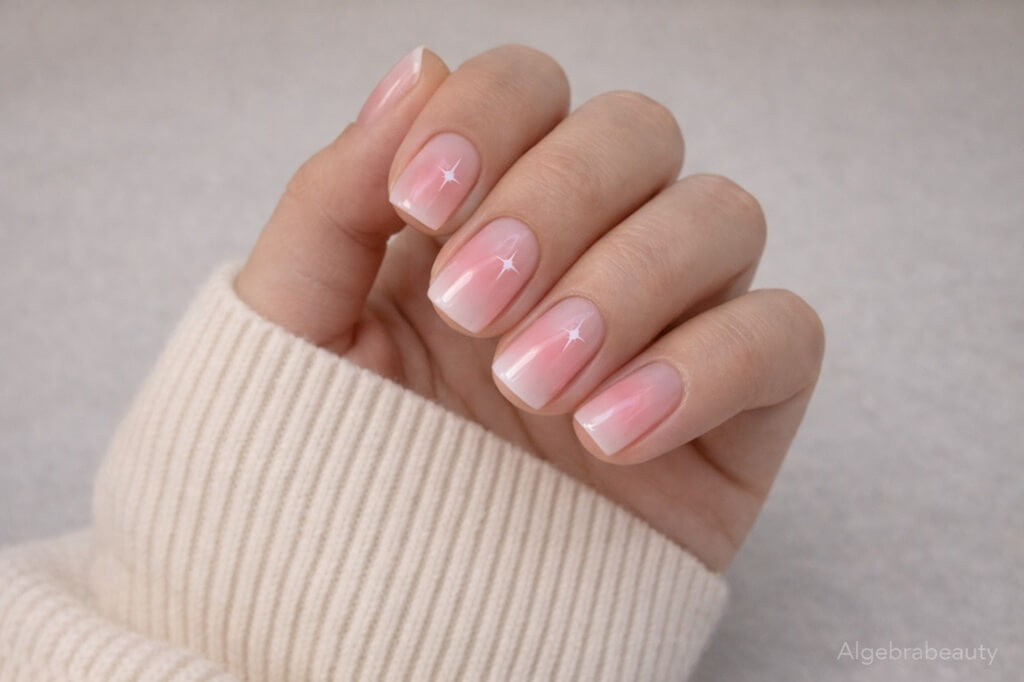 Нежный молочно-розовый маникюр с мягким градиентом и глянцевым покрытием на коротких квадратных ногтях