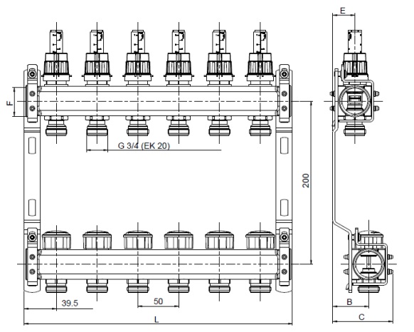 Габариты коллекторного блока Valtec VTc.584.EMNX.0605