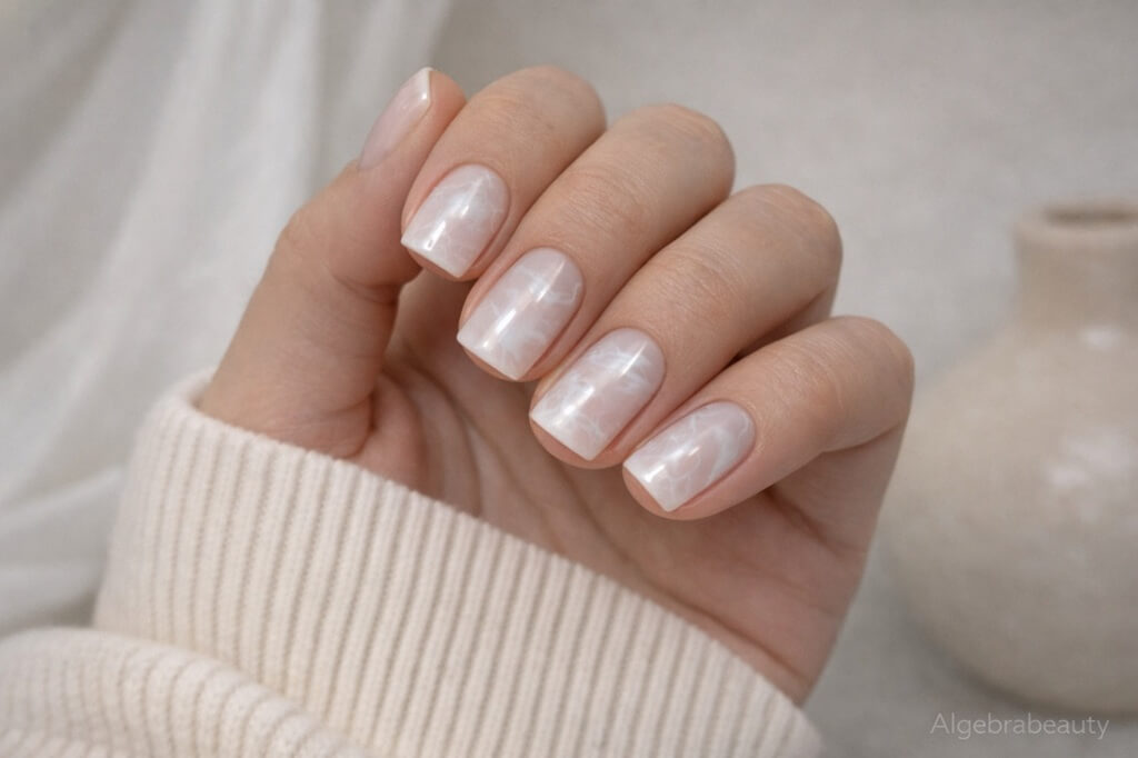 Молочный маникюр с перламутровой текстурой на коротких квадратных ногтях при мягком естественном освещении