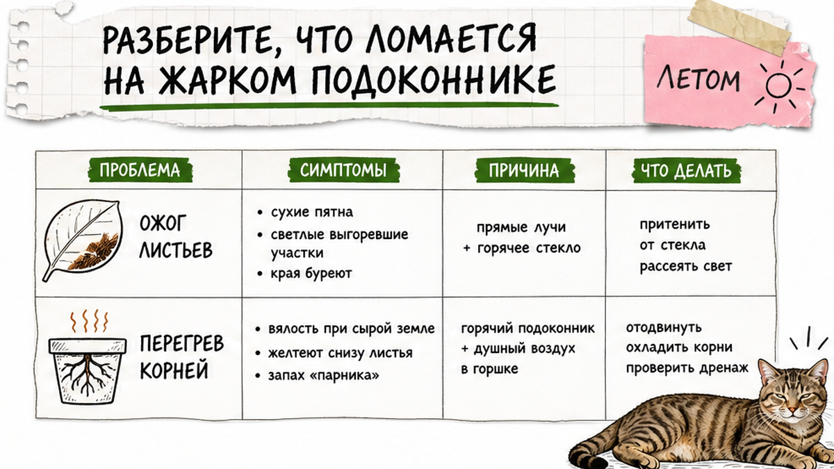 Сравнение: ожог листа и перегрев горшка летом