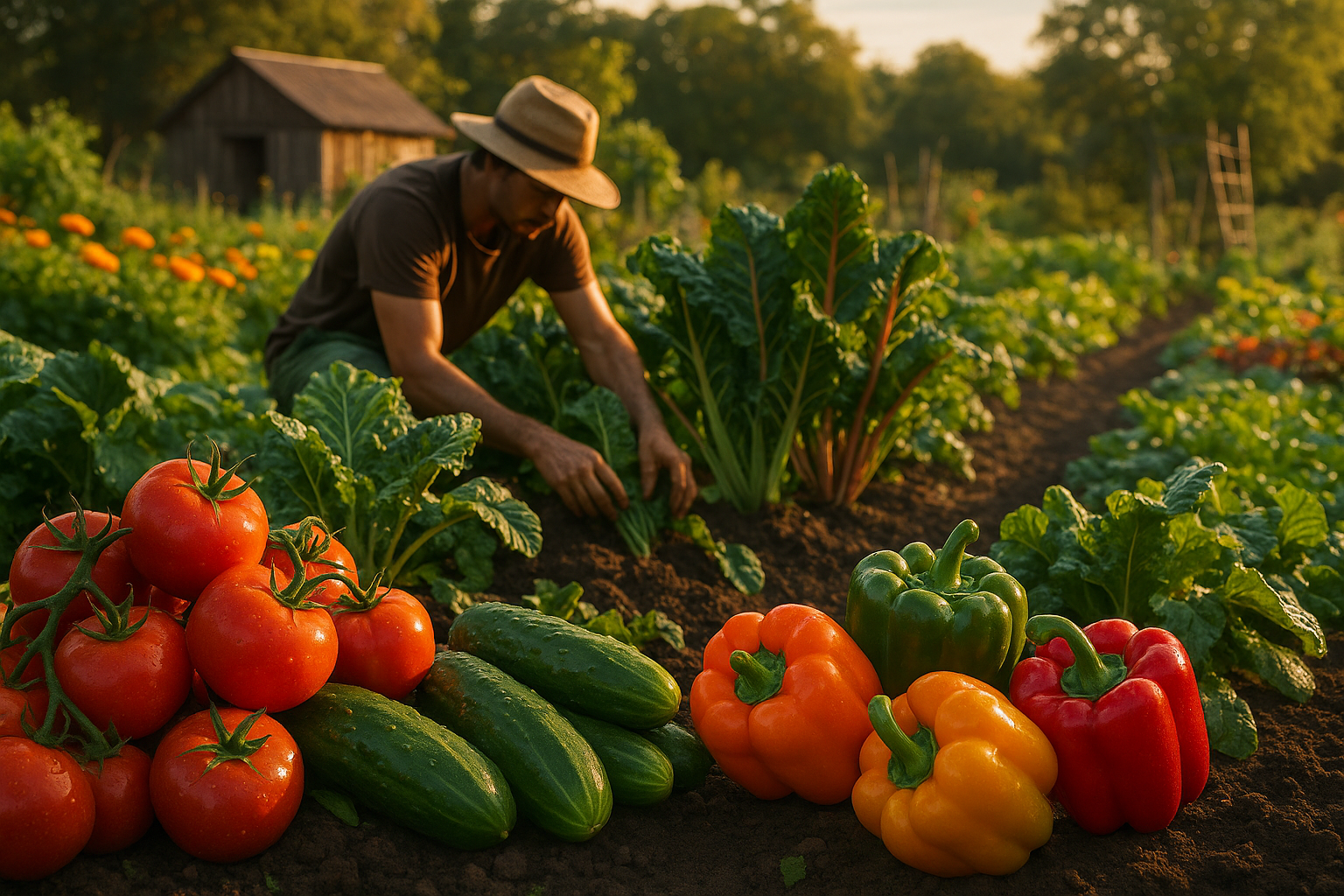 Красивый и урожайный огород с зелёными растениями и яркими плодами в солнечный день