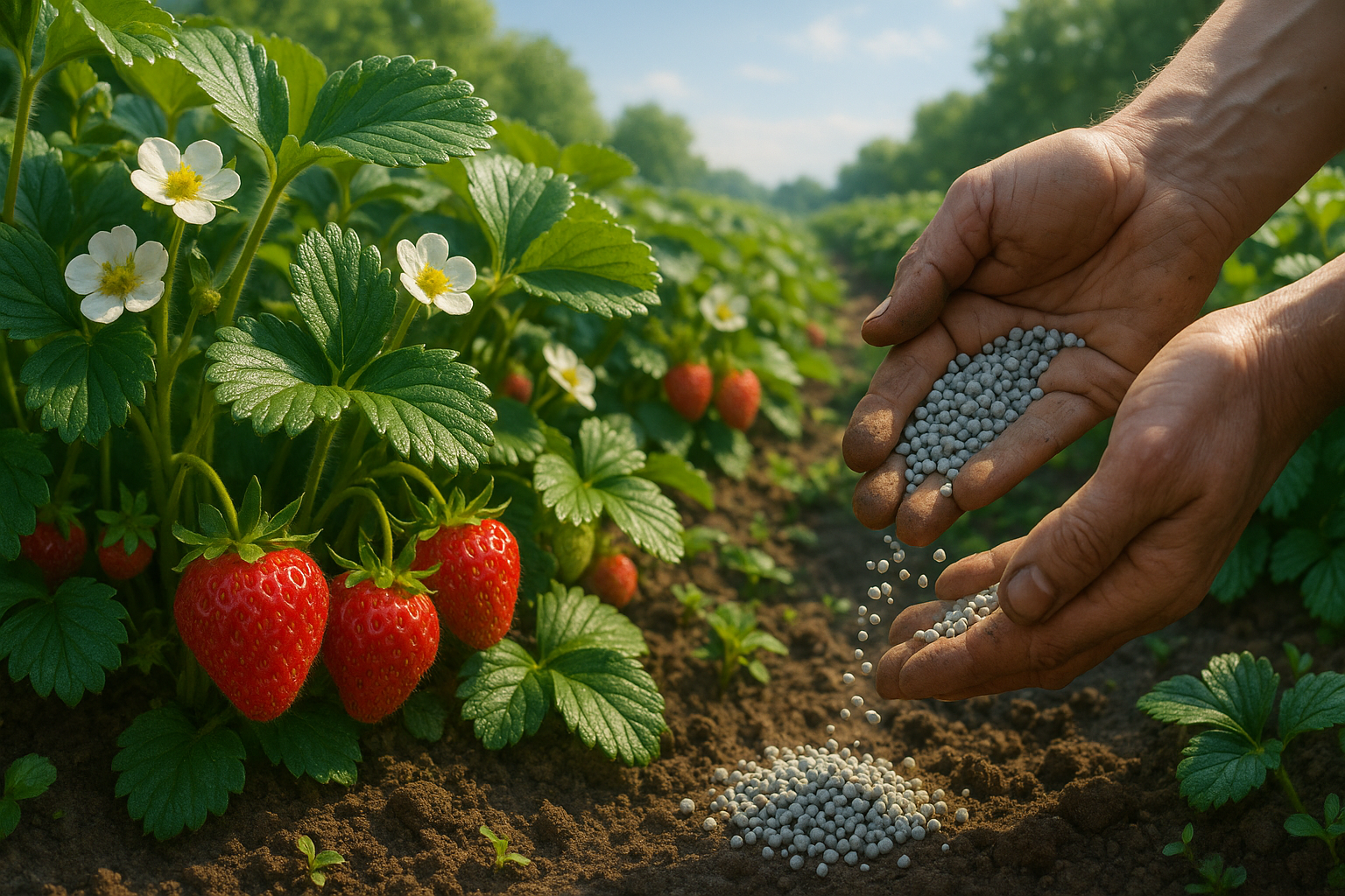 Кусты клубники во время подкормки раствором удобрений для высокой урожайности