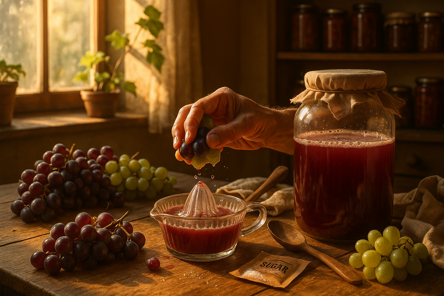 Бутылка домашнего виноградного вина на фоне виноградной грозди