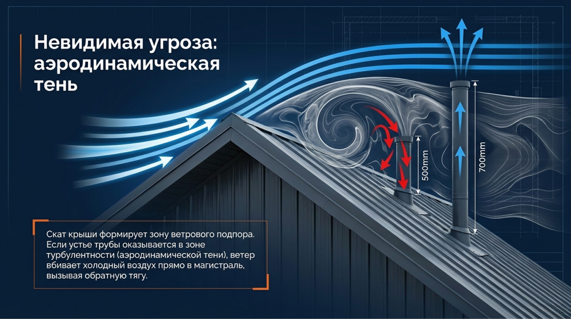 При неправильном расположении вентиляционного выхода на крыше естественная вентиляция перестаёт работать