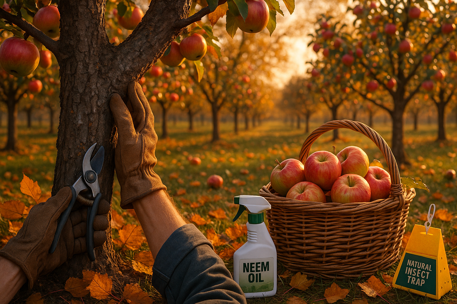 Яблоня в саду весной после обработки от болезней — здоровые листья и плодоношение