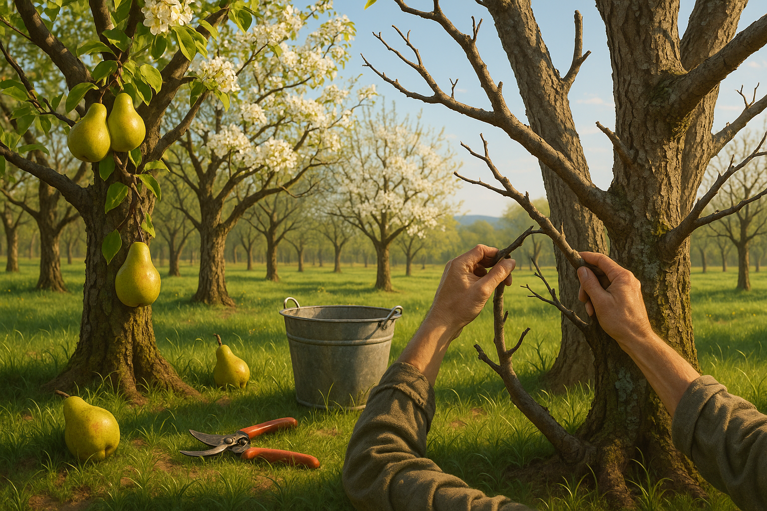 Процесс омолаживающей обрезки дерева с видимыми свежими срезами и молодой кроной