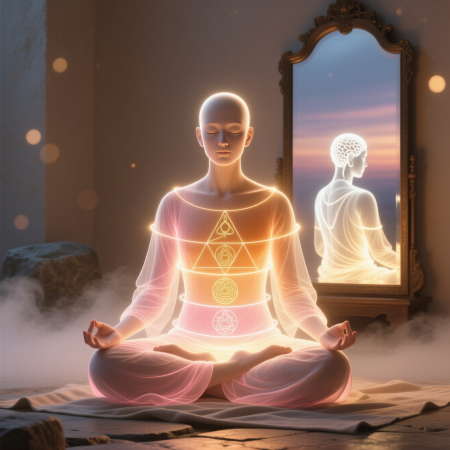 <img src="self-discovery-meditation.jpg" alt="Person in meditation exploring inner self with layers of consciousness glowing for self-discovery and transformation">