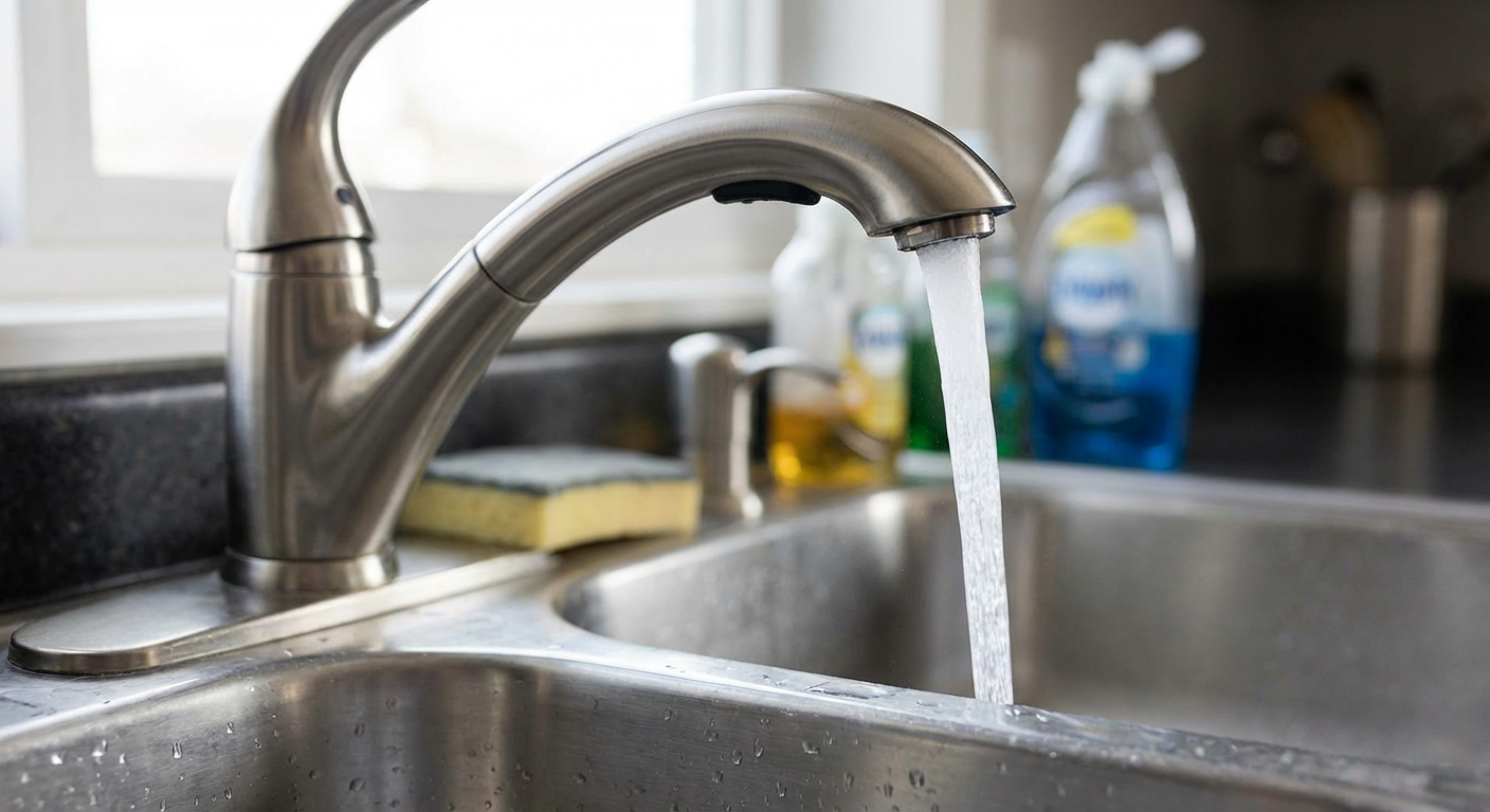 Излив смесителя над кухонной мойкой, показана рабочая зона подачи воды