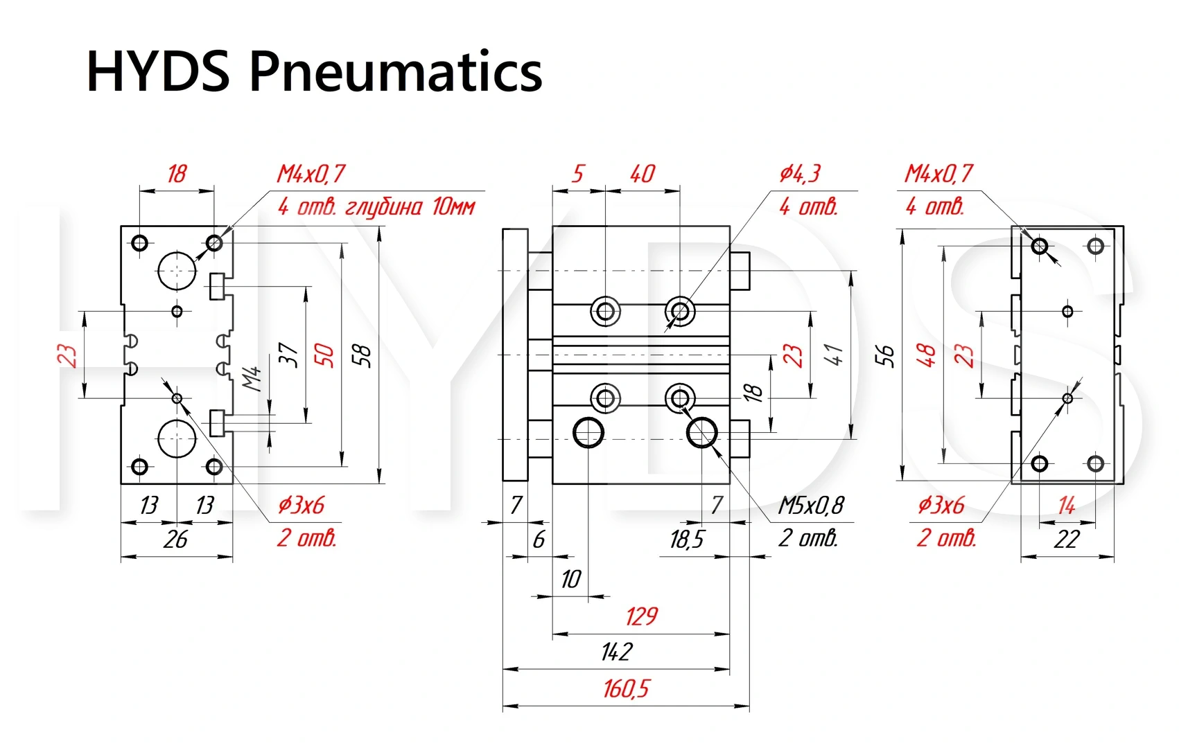 Чертёж пневмоцилиндра MGPM12-100Z Размеры пневмоцилиндра MGPM12-100Z