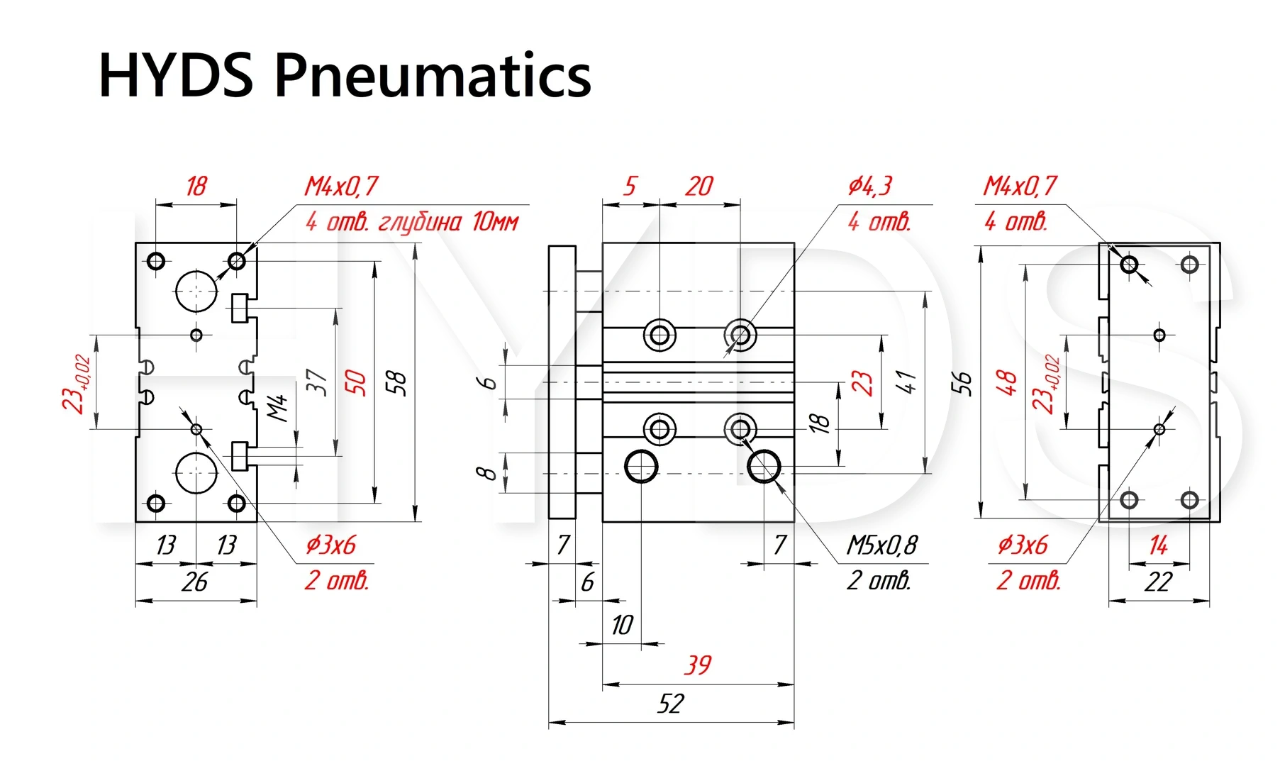 Чертёж пневмоцилиндра MGPM12-10Z Размеры пневмоцилиндра MGPM12-10Z