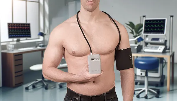 Пример установки прибора для СМАД: манжета на руке и регистратор