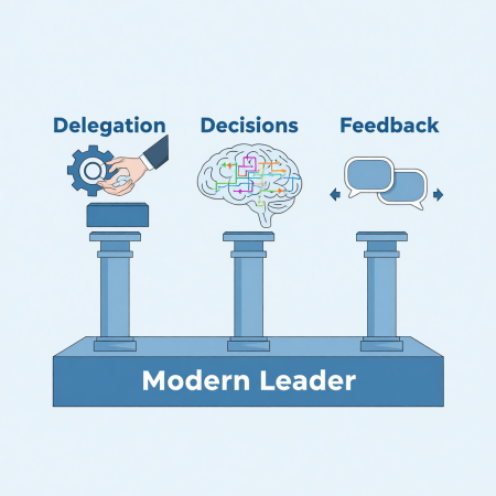 <img src="three-pillars-modern-leadership.jpg" alt="Three pillars of leadership: delegation, decision-making, feedback">
