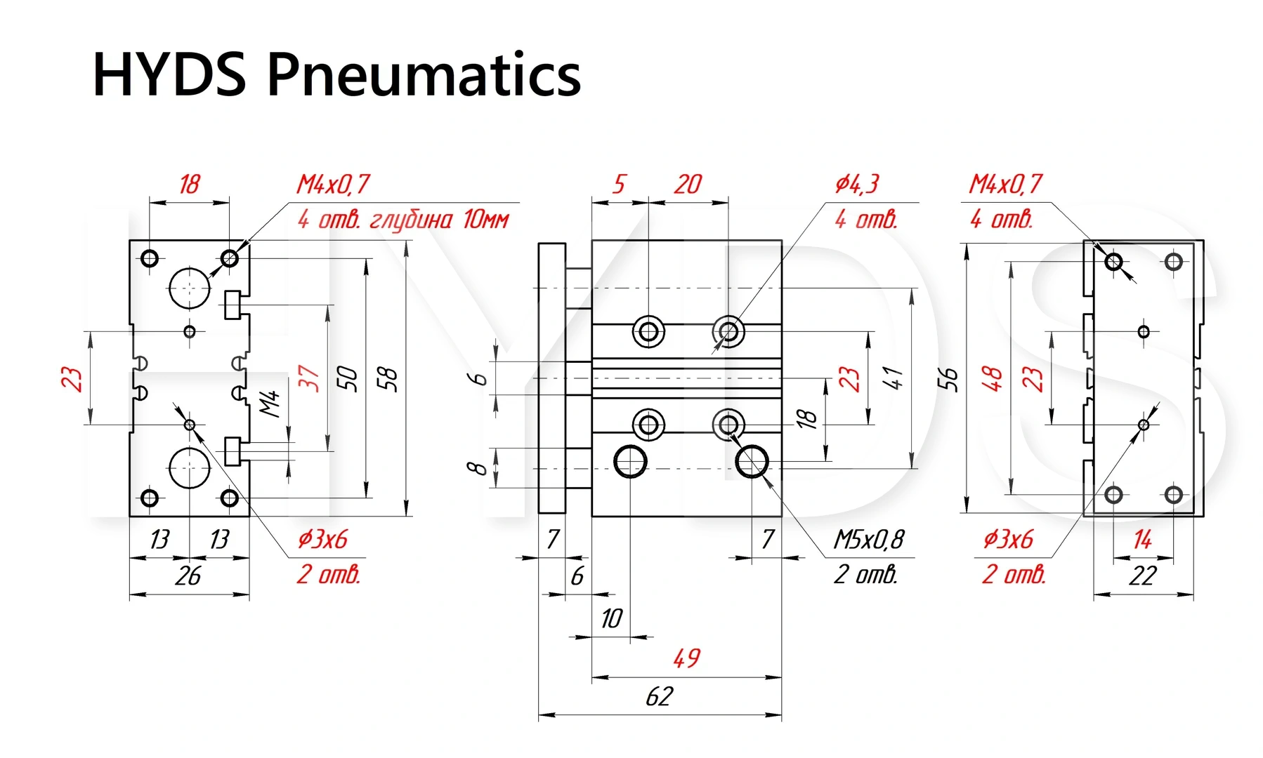 Чертёж пневмоцилиндра MGPM12-20Z Размеры пневмоцилиндра MGPM12-20Z