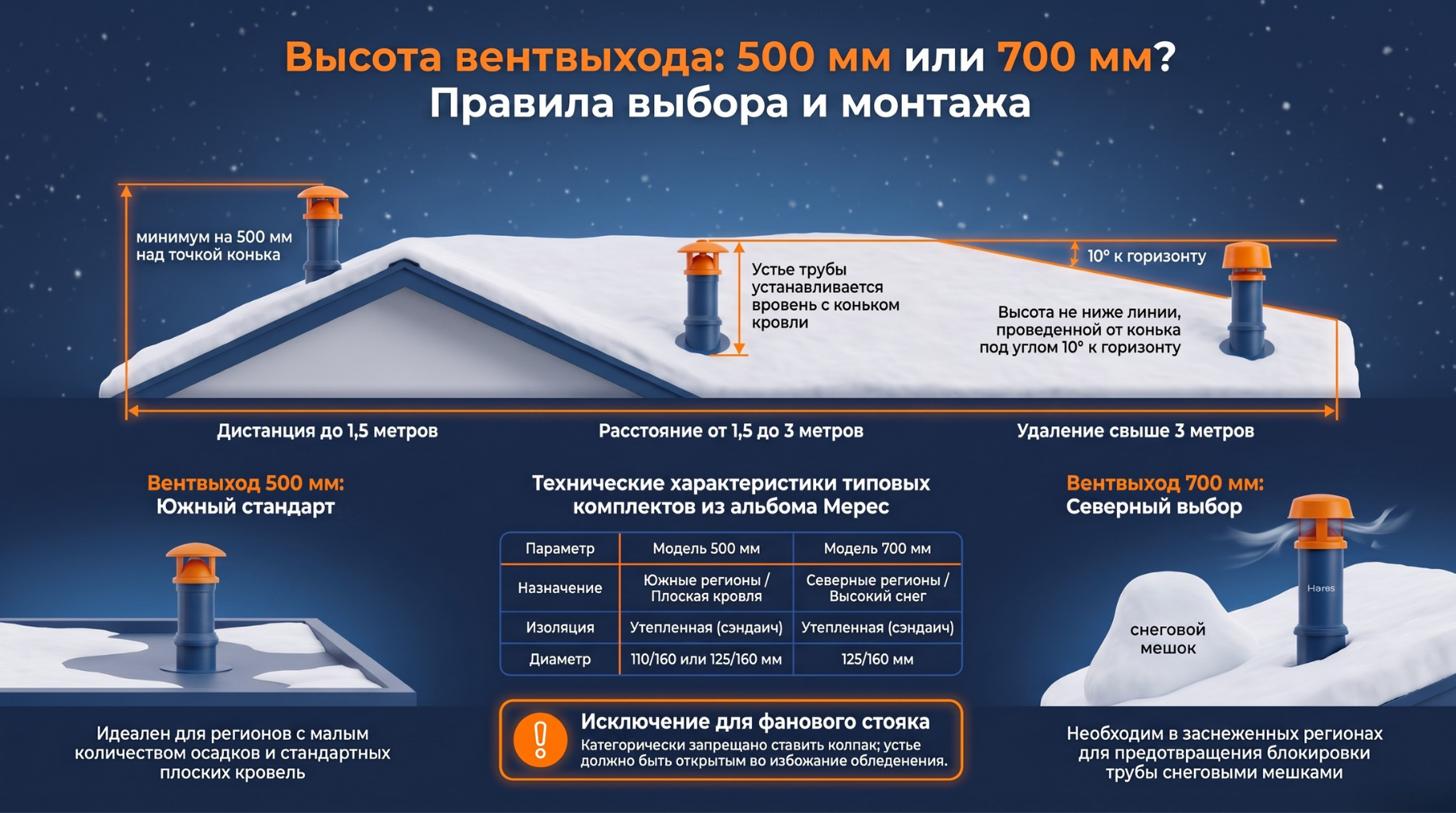 Существуют чёткие правила по расположению вентиляционного выхода на кровле