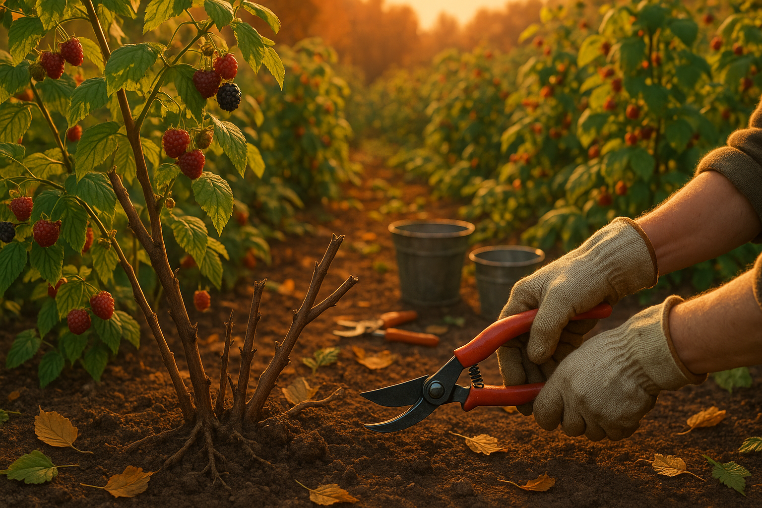 Куст малины осенью после обрезки с подготовкой к зиме в саду