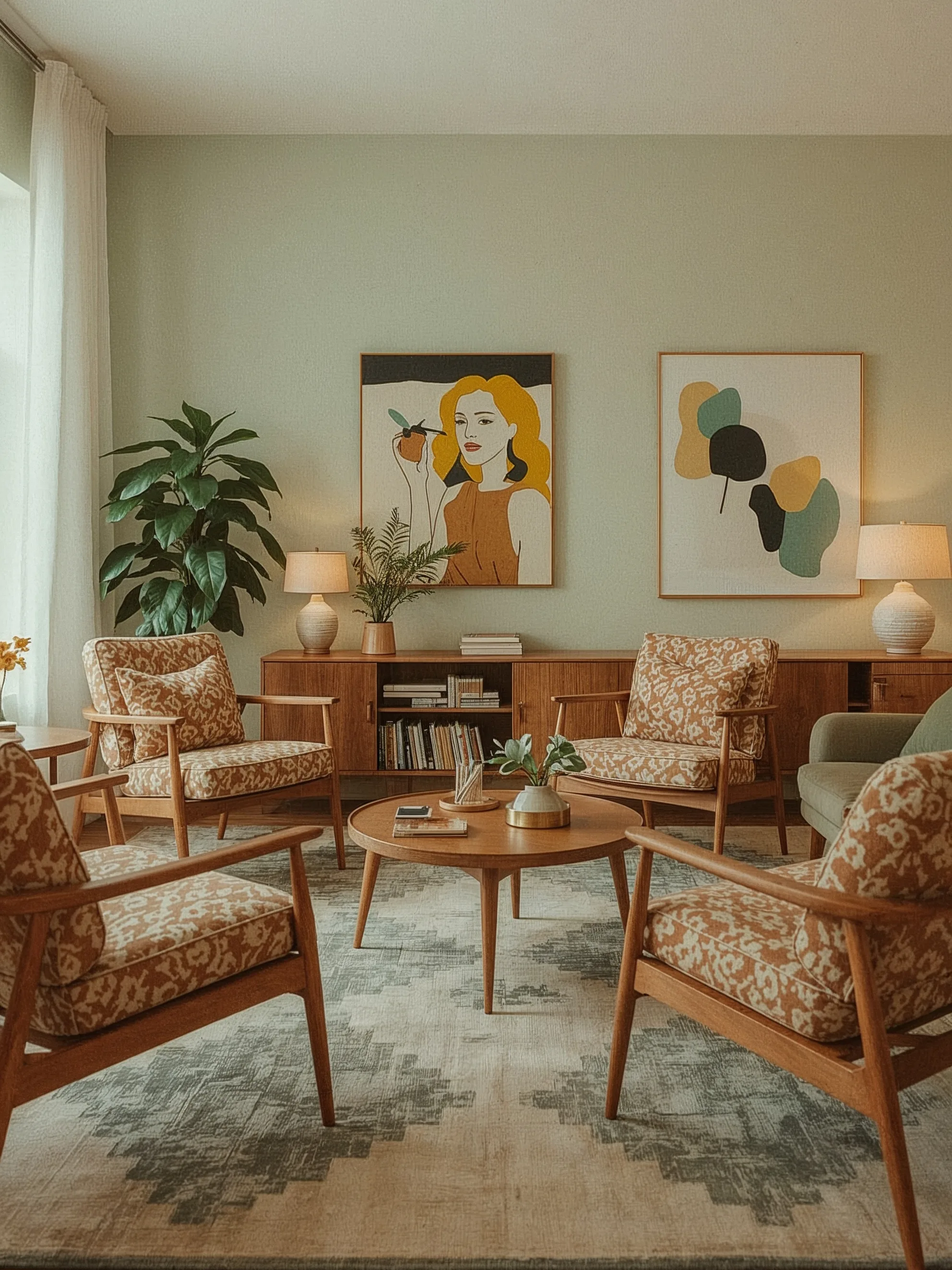 Современный интерьер с ретро-акцентами в духе 80-х: лампы, мебель и пастельные плоскости — сочетание, которое подчёркивают настенные часы mid-century