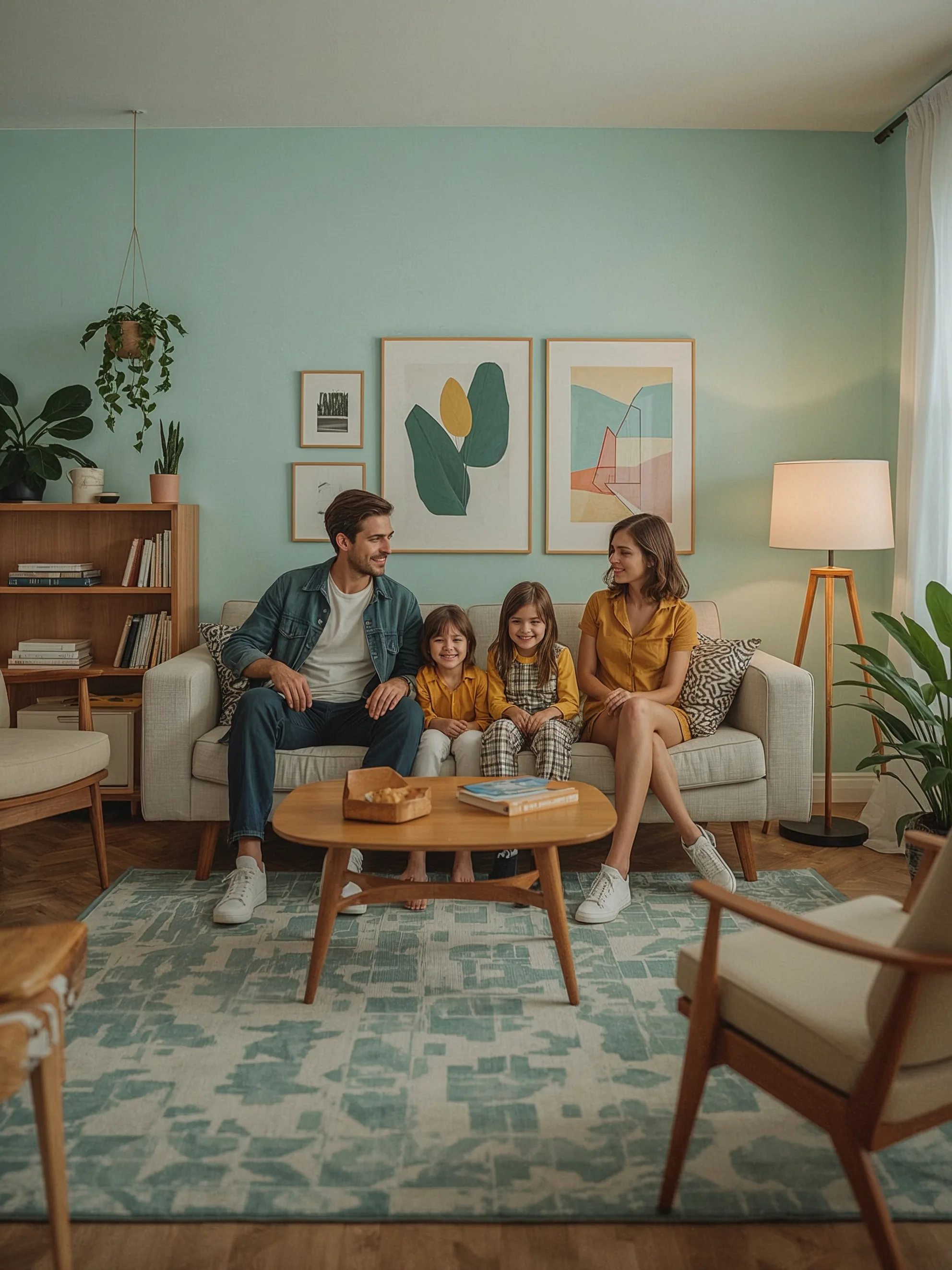 Лёгкий ретро-штрих в современном интерьере: пастельные оттенки, дерево и мягкий свет — идеальная среда для дизайнерских настенных часов