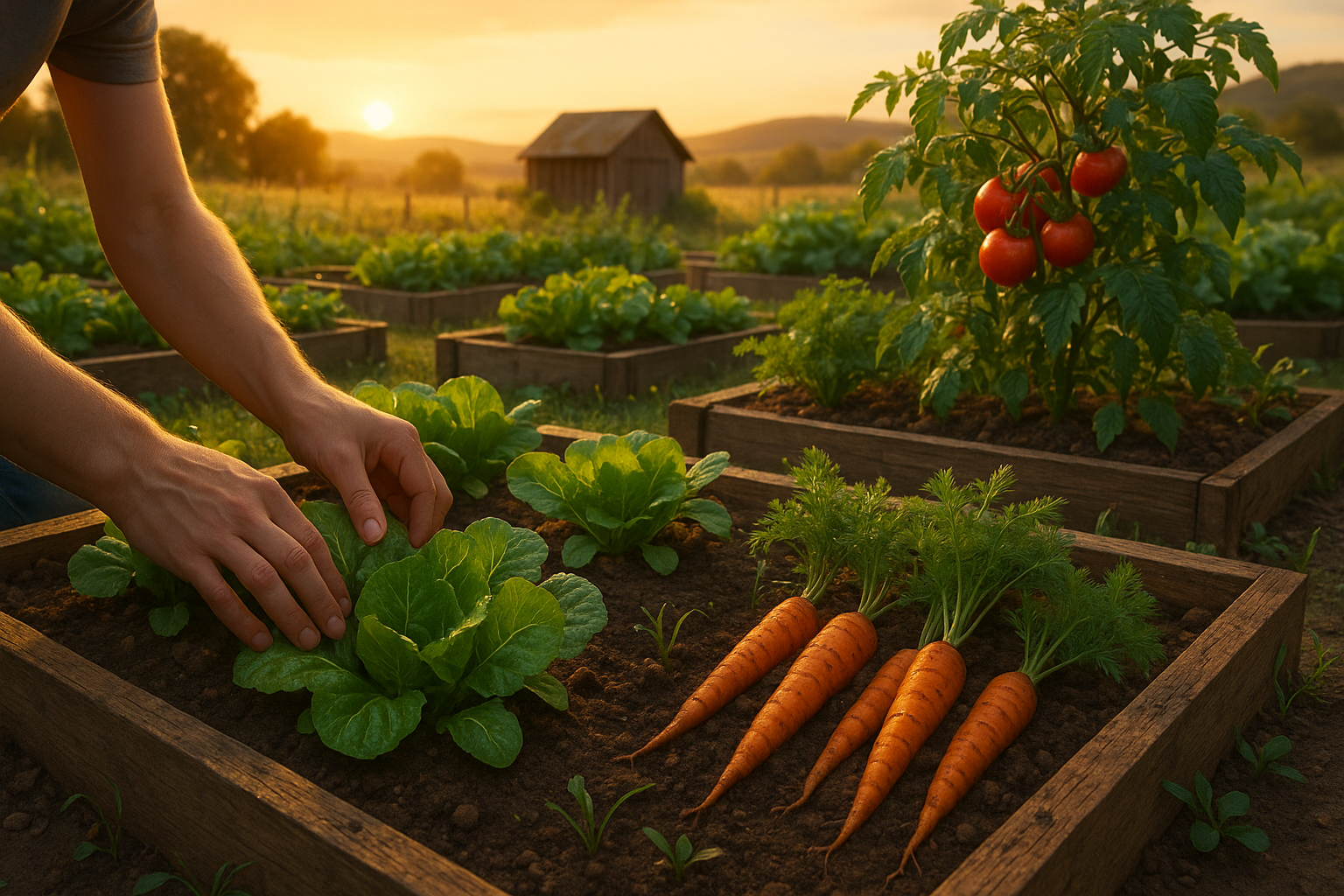 Красивые высокие деревянные и металлические грядки с овощами и зеленью на дачном участке в ландшафтном дизайне