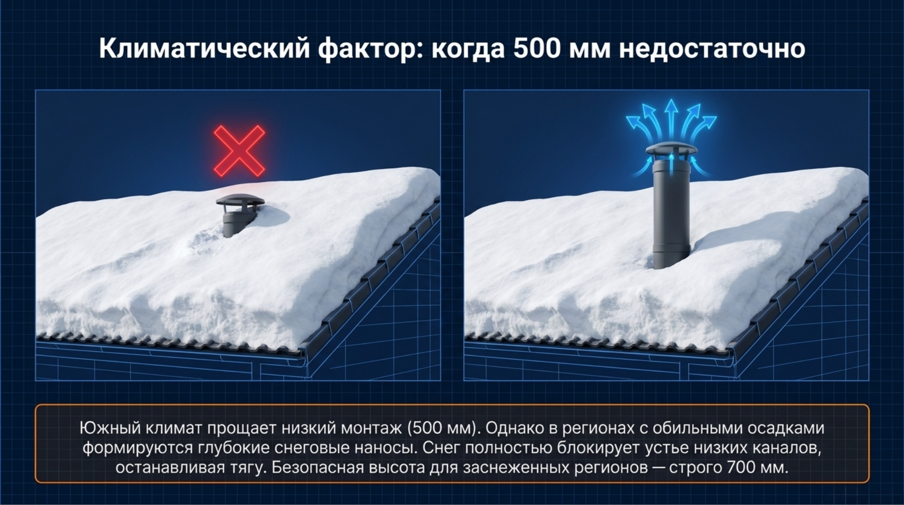  Видеоигры Детям Всё о Дзене ИИ-ассистент Глиф Рейтинг СМИ Дзен на  iOS и Android  Ещё   wafe-store.ru Реклама Бризеры (приточные установки) | Каталог | Настенные кондиционеры | Мульти сплит-системы | Мобильные кондиционеры  Узнать больше Мерес 1761 подписчик  Вы подписаны Высота вентиляционной трубы на крыше - какой должна быть? Сегодня 2 3 мин Оглавление Законы аэродинамики: цена ошибки в расчетах Правила СНиП: привязка к коньку кровли Расстояние до 1,5 метров Зона от 1,5 до 3 метров Удаление свыше 3 метров Климат и снеговые мешки: стандарт 500 или 700 мм Влияние насадок: фановый стояк и турбодефлекторы Свернуть Какой должна быть высота вентиляционной трубы на крыше в частном доме? Как правильно расположить вентиляционный выход на кровле?  Проектирование воздухообмена не терпит приблизительных значений. Главный вопрос, который встает перед кровельщиками: какая высота трубы на крыше обеспечит стабильную тягу? Точная высота вентиляционной трубы &mdash; это не эстетический выбор, а строгая аэродинамическая физика. Если высота трубы на крыше подобрана неверно, система столкнется с обратной тягой, возвращая влагу в помещения. Заказчики часто спрашивают, какой должна быть высота вентиляционной трубы, чтобы навсегда исключить конденсат. Оптимальная высота вентиляционной трубы в частном доме жестко зависит от конька и уклона ската. Формула расчета существует давно, а инженерная связка вентиляционная труба - крыша - высота подчиняется требованиям СНиП.  Естественная вентиляция работает за счёт перепада давления. Если вентвыход короткий и расположен неправильно на кровле - может возникнуть обратная тяга При неправильном расположении вентиляционного выхода на крыше естественная вентиляция перестаёт работать  Законы аэродинамики: цена ошибки в расчетах Кровельный пирог и плоскость ската создают естественное препятствие для ветра. В результате формируется зона ветрового подпора. Если высота вентиляционной трубы недостаточна, оголовок неминуемо попадает в аэродинамическую тень. Уличная воздушная масса не вытягивает пар, а агрессивно вдавливает его обратно. Опрокидывание тяги разрушает микроклимат. Именно поэтому высота трубы на крыше вымеряется до сантиметра.  Нормативы привязывают высоту вентвыхода к его удалённости от конька крыши  Правила СНиП: привязка к коньку кровли Точно определить, какая высота трубы на крыше нужна вашему объекту, помогают строительные нормативы. Точкой отсчета всегда выступает коньковое ребро.  Существуют чёткие правила по расположению вентиляционного выхода на кровле  Расстояние до 1,5 метров При близком расположении шахты к вершине кровли, какой должна быть высота вентиляционной трубы? Нормы диктуют возвышение строго на 500 мм над коньком. Такое решение выводит срез магистрали из опасной зоны завихрений.  Зона от 1,5 до 3 метров При смещении канала к центру ската, высота вентиляционной трубы в частном доме может выводиться вровень с линией конька. Поток ветра проходит параллельно, обеспечивая достаточное разряжение.  Удаление свыше 3 метров Если узел прохода смонтирован близко к карнизу, связка вентиляционная труба крыша высота вычисляется иначе. Необходимо провести визуальную линию от конька вниз под углом 10 градусов к горизонту. Ваша высота вентиляционной трубы категорически не должна быть ниже этой черты.  Высота вентиляционного выхода для северных регионов - не менее 700мм