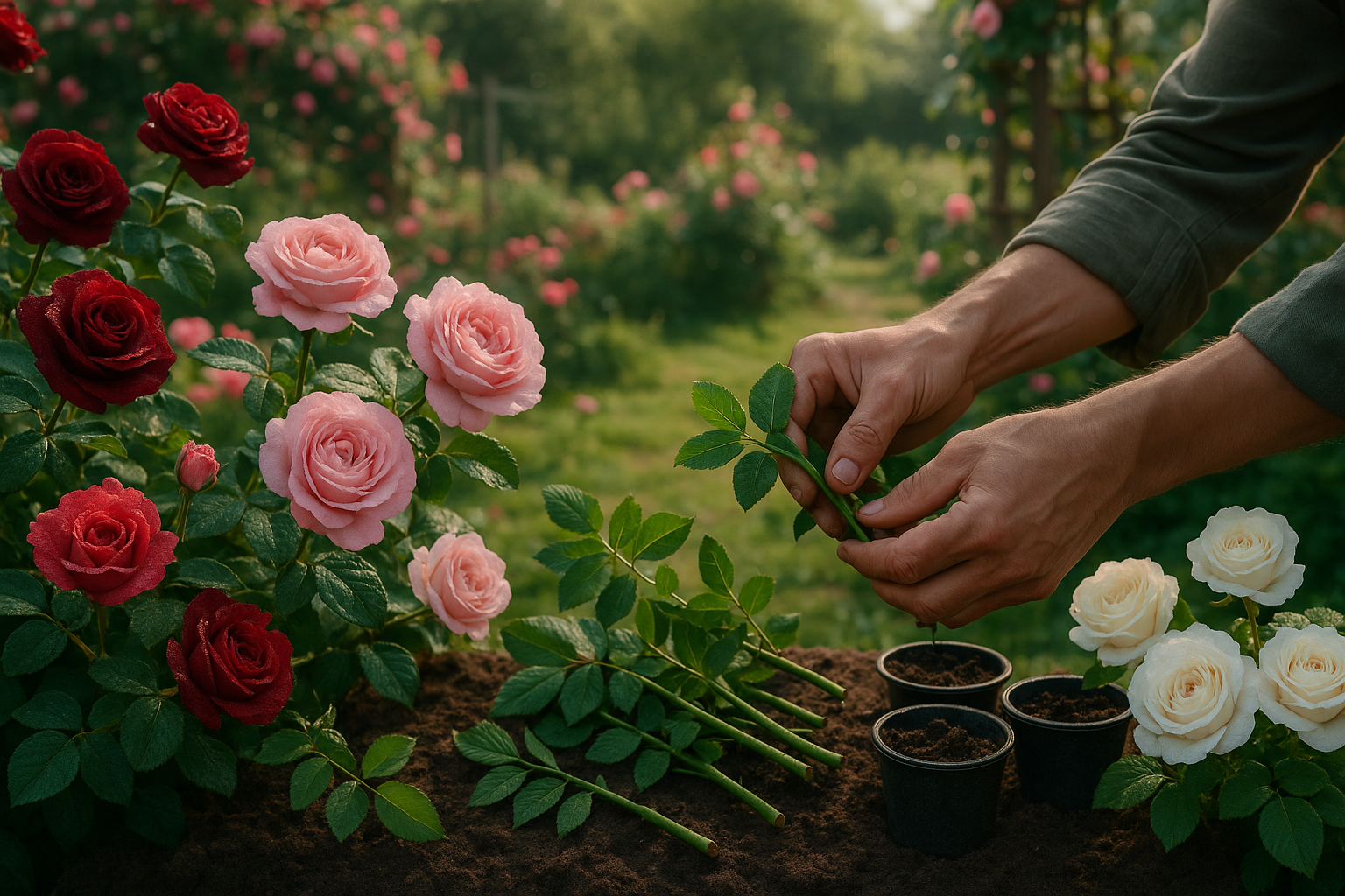Плетистая роза с цветущими побегами в процессе размножения черенками под плёнкой