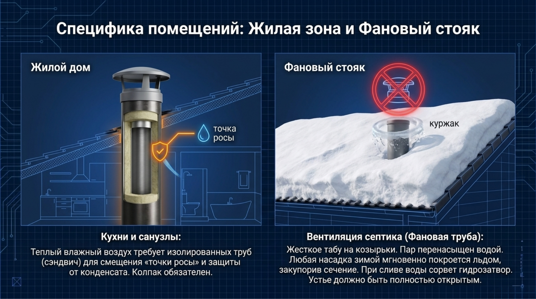 Вентвыходы на жилые зоны - изолированные, для предотвращения образования конденсата