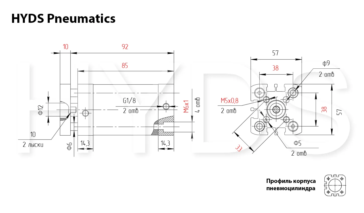Размеры пневмоцилиндра ADNGF-40-40-P-A