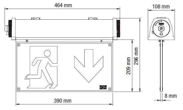 Размеры аварийного светильника освещения производственных помещений Acciaio Emergency LED в сборе с двухсторонним эвакуационным табло