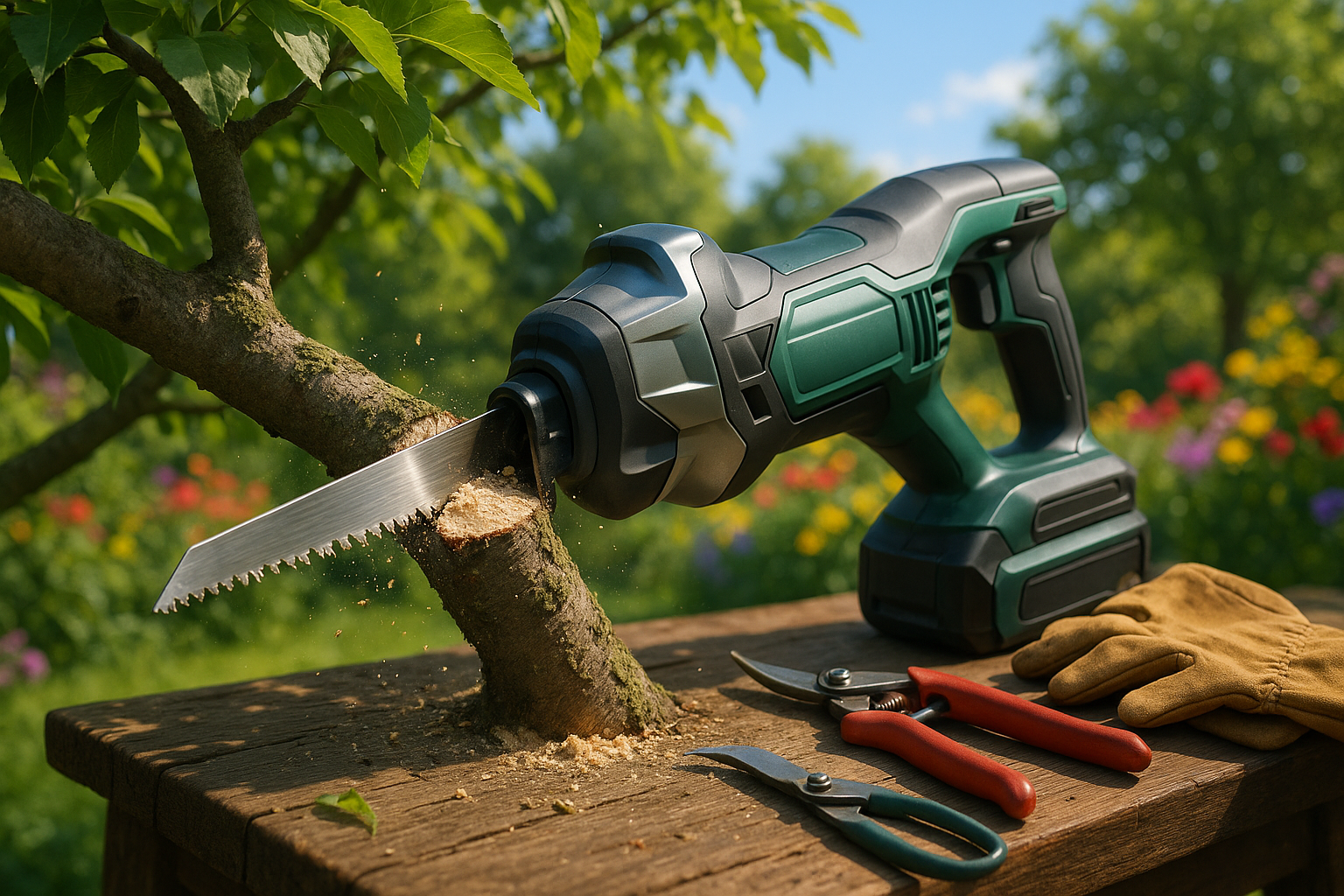 Садовая пила с острым зубчатым лезвием на фоне зеленого сада