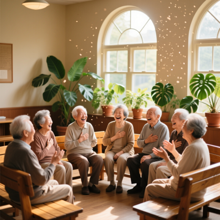 <img src="elderly-laughter-therapy-group.jpg" alt="Elderly adults laughing together in a wellness group session promoting health and dementia prevention through laughter therapy">