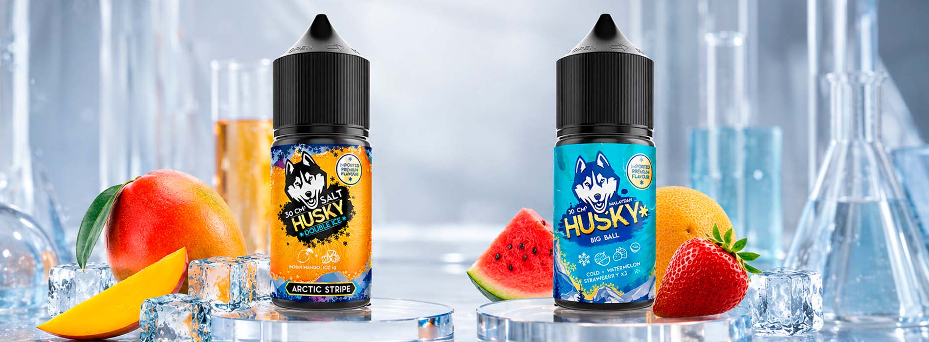 Жидкости HUSKY IMPORT Malaysian Salt и Double Ice на витрине Жидкости HUSKY IMPORT Malaysian Salt и Double Ice на витрине