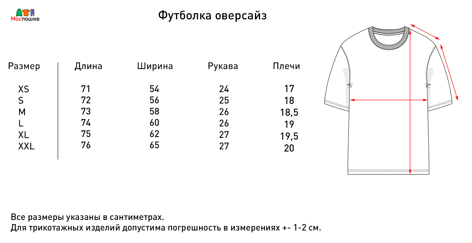 Размерная сетка оверсайз футболок