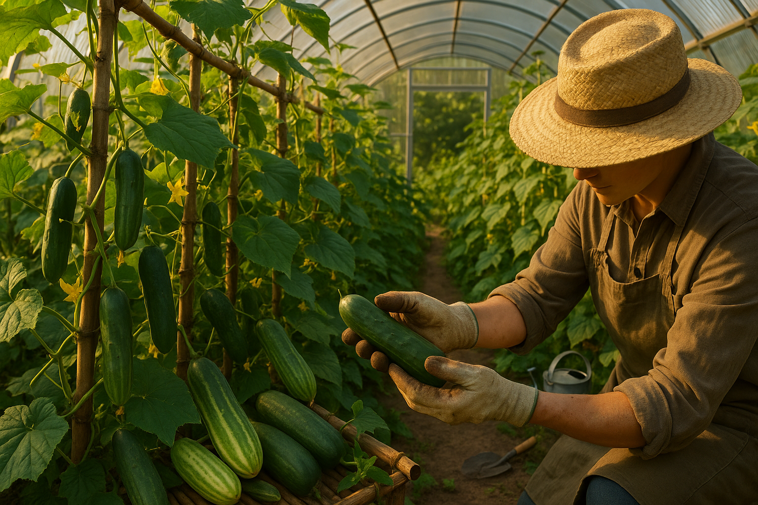 Свежие огурцы разных сортов, выращенные в теплице, на фоне зеленых листьев и поликарбонатной конструкции теплицы