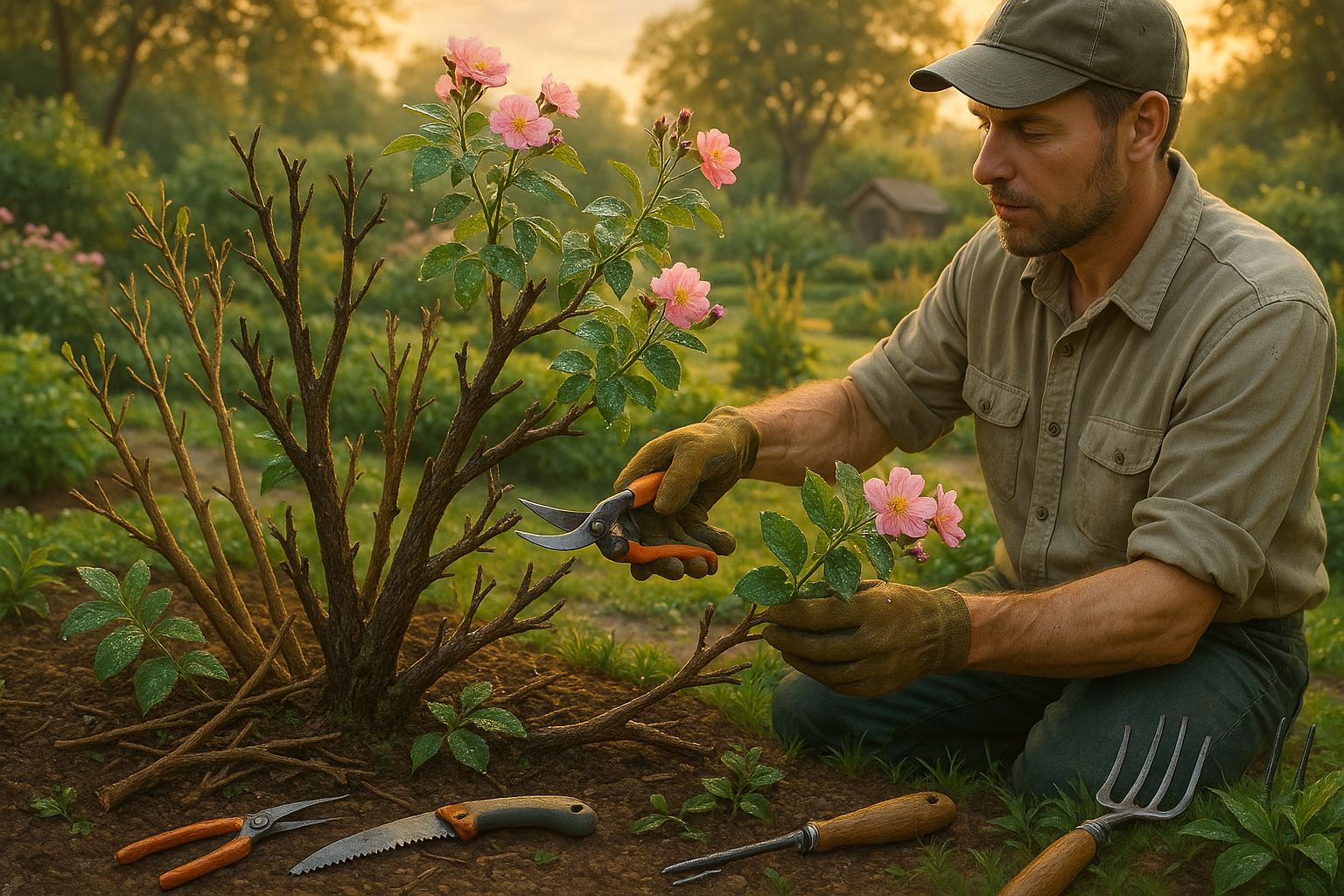 Процесс омолаживающей обрезки дерева с видимыми свежими срезами и молодой кроной