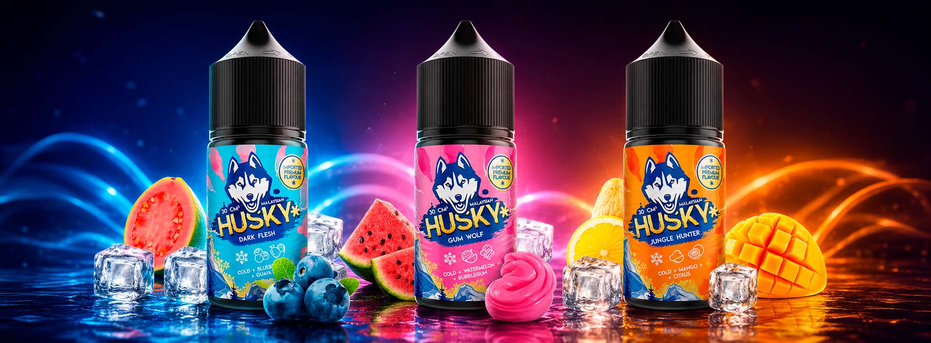Полка вейп-шопа с жидкостями HUSKY IMPORT и смежными позициями Полка вейп-шопа с жидкостями HUSKY IMPORT и смежными позициями