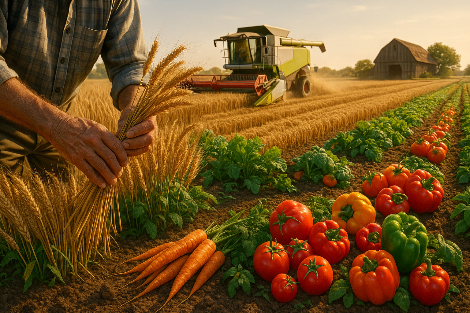 Современный зерноуборочный комбайн на поле в процессе уборки урожая