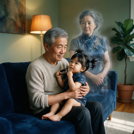 father-child-memory-of-mother-loss <img src="father-child-memory-of-mother-loss.jpg" alt="Middle-aged father holding a child while remembering the painful loss of his mother but choosing love and life">