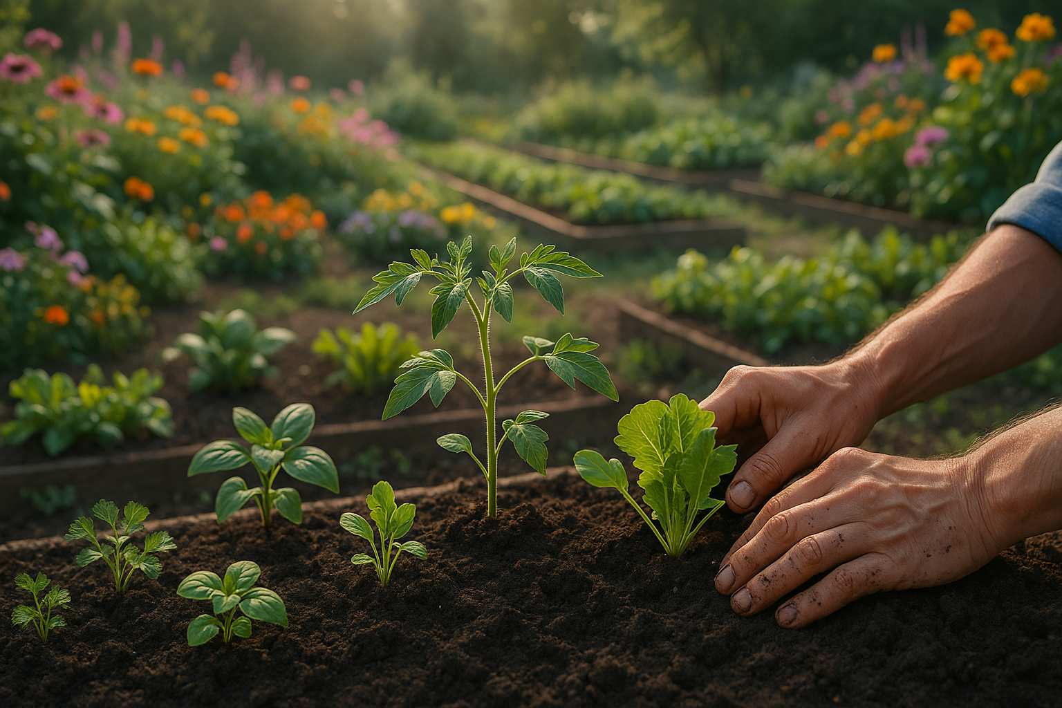 Грядка с посаженным весной чесноком