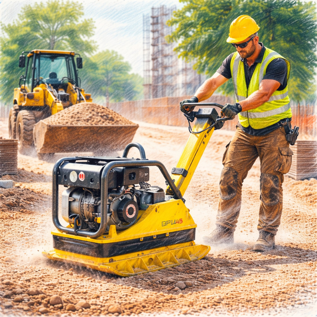 Виброплита реверсивная дизельная Wacker Neuson DPU на стройплощадке