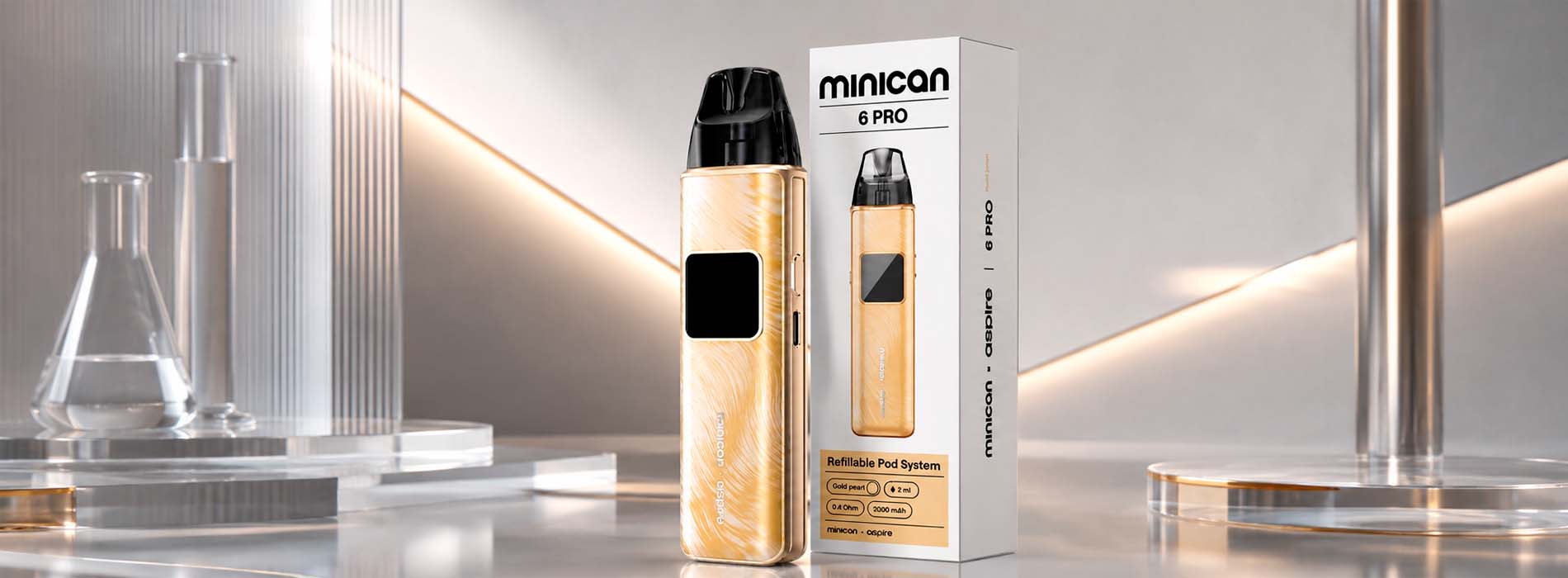 Brusko Minican 6 Pro на витрине рядом с POD-системами и жидкостями