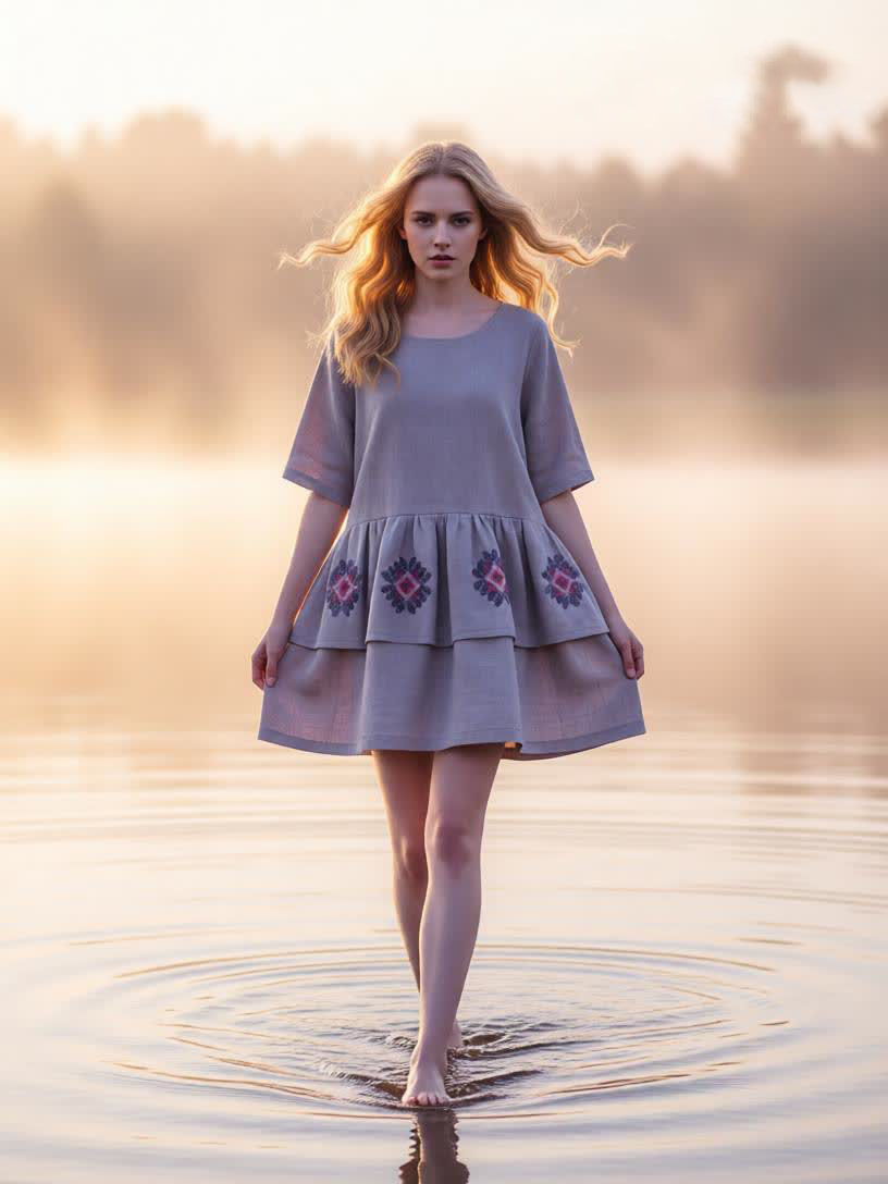 Адель. Платье льняное мини с вышивкой PL-334