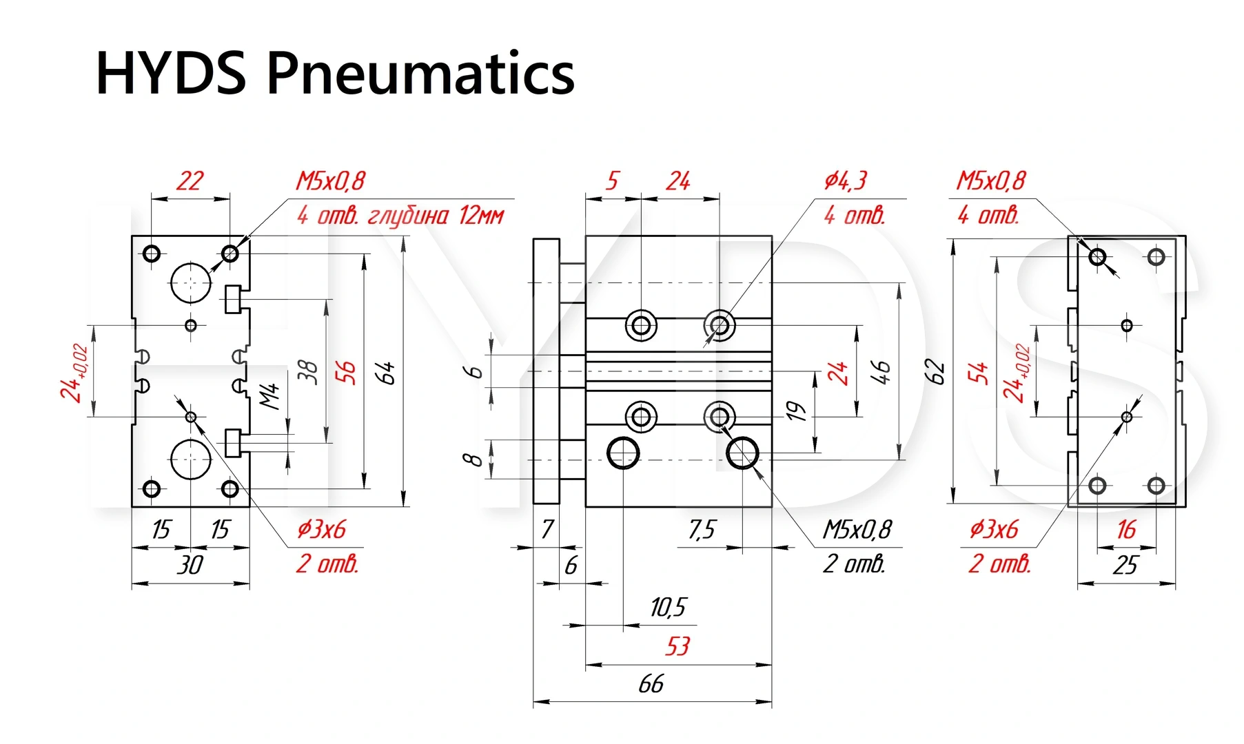 Чертёж пневмоцилиндра MGPM16-20Z Размеры пневмоцилиндра MGPM16-20Z